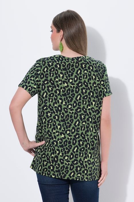 T-shirt, motif léopard, col rond, manches courtes