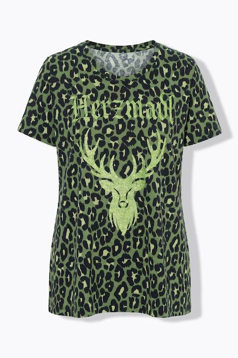 T-shirt, motif léopard, col rond, manches courtes