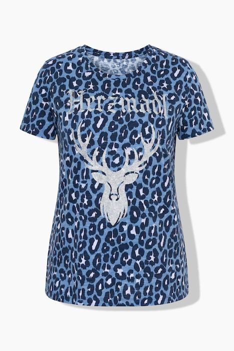 T-shirt, motif léopard, col rond, manches courtes