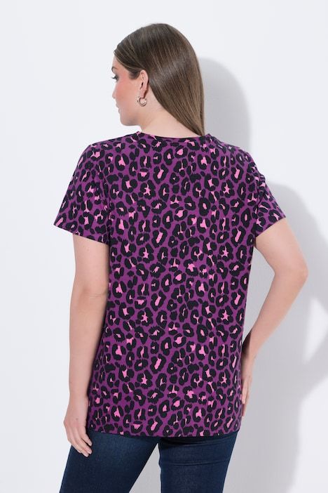 T-shirt, motif léopard, col rond, manches courtes