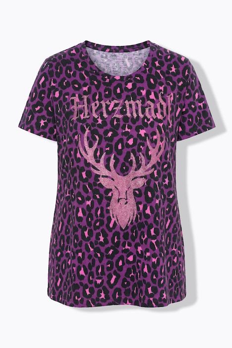 T-shirt, motif léopard, col rond, manches courtes