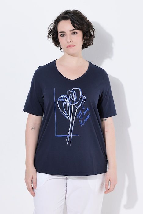 T-shirt, fleurs, col en V, manches courtes