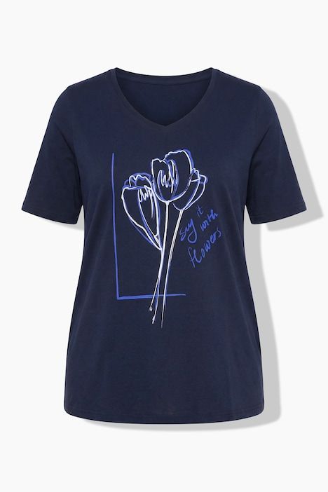 T-shirt, fleurs, col en V, manches courtes