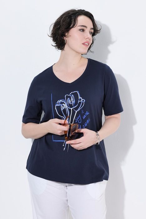 T-shirt, fleurs, col en V, manches courtes