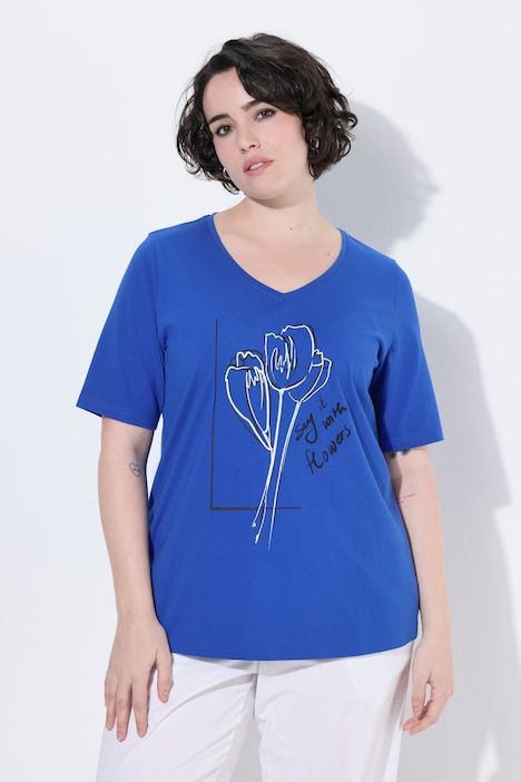 T-shirt, fleurs, col en V, manches courtes