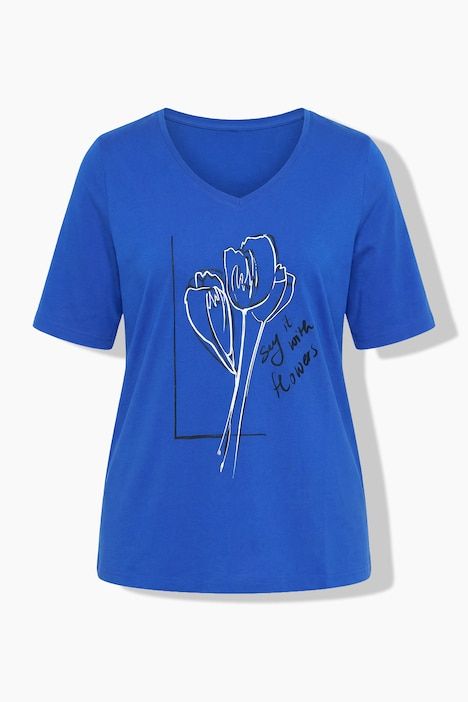 T-shirt, fleurs, col en V, manches courtes