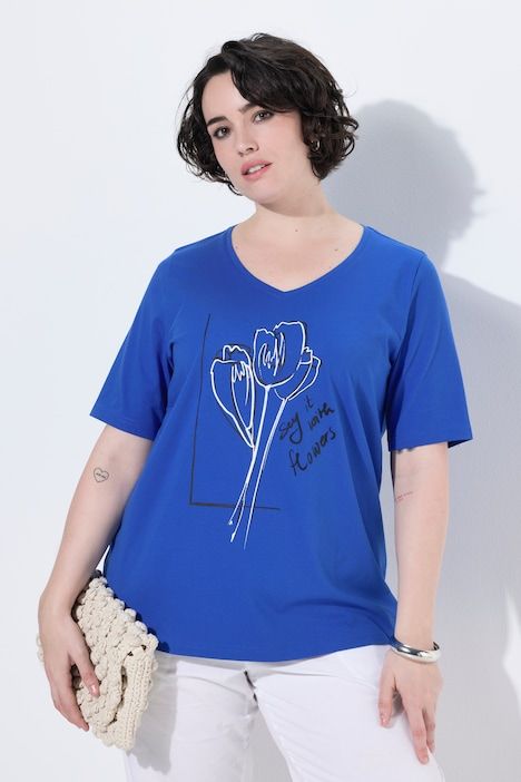 T-shirt, fleurs, col en V, manches courtes