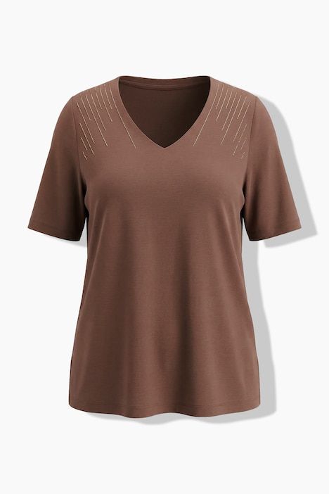 T-shirt avec strass fantaisie, décolleté en V et manches courtes, coupe Classic Fit
