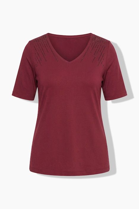 T-shirt avec strass fantaisie, décolleté en V et manches courtes, coupe Classic Fit