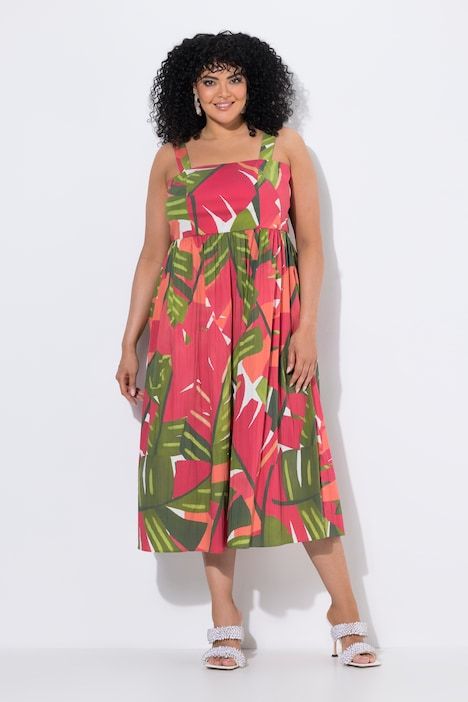 Robe longue, motif palmiers, dos smocké, sans manches