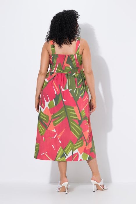 Robe longue, motif palmiers, dos smocké, sans manches