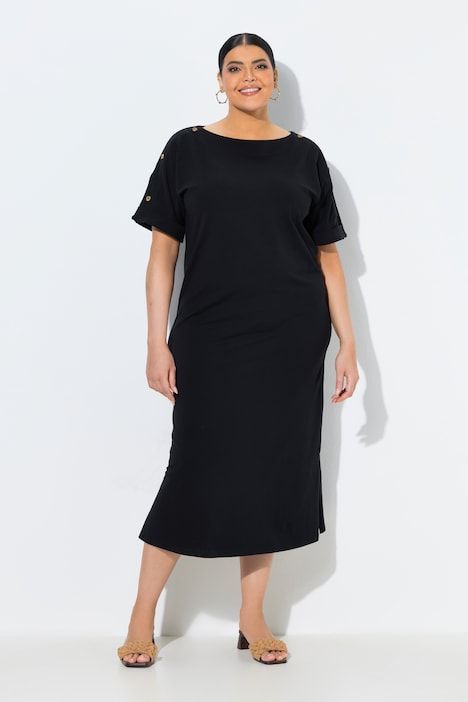 Robe midi, boutons fantaisie, oversize, col rond et manches mi-longues.