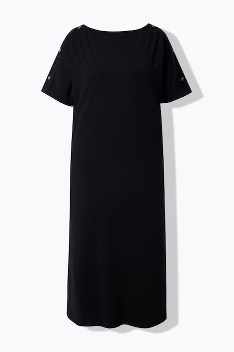 Robe midi, boutons fantaisie, oversize, col rond et manches mi-longues.