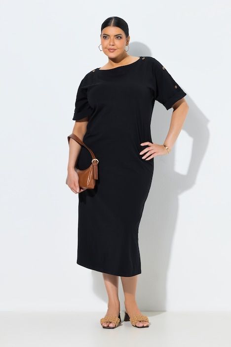 Robe midi, boutons fantaisie, oversize, col rond et manches mi-longues.