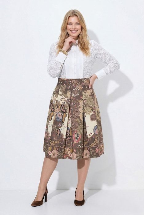 Jupe midi plissée, motif champêtre et taille confortable, coupe évasée
