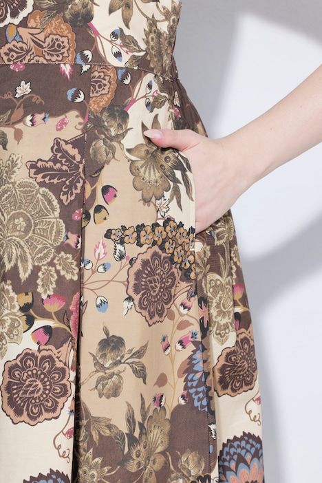 Jupe midi plissée, motif champêtre et taille confortable, coupe évasée