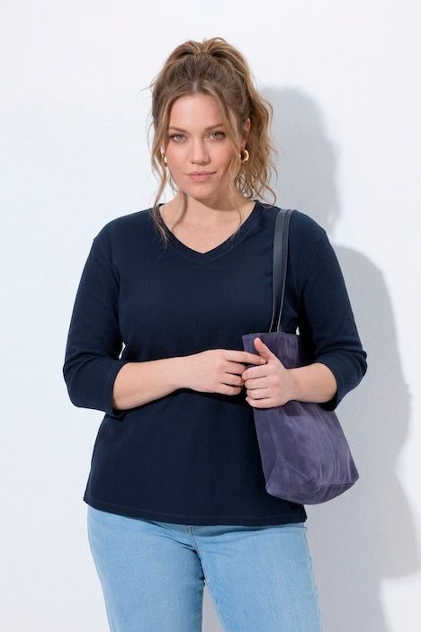 Sweat-shirt en piqué de coton bio, décolleté en V et manches 3/4, coupe évasée