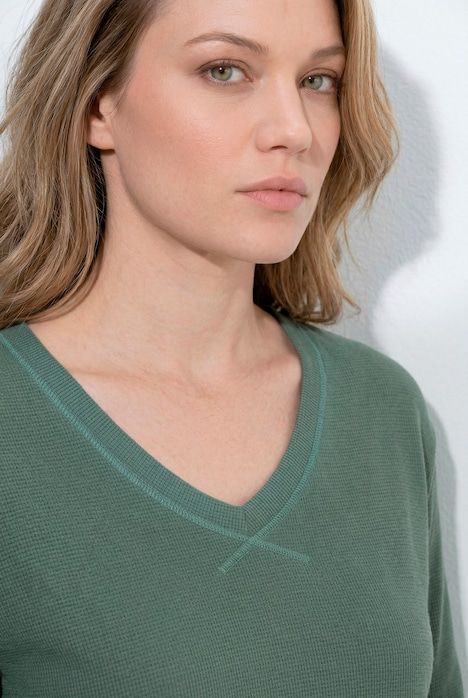 Sweat-shirt en piqué de coton bio, décolleté en V et manches 3/4, coupe évasée