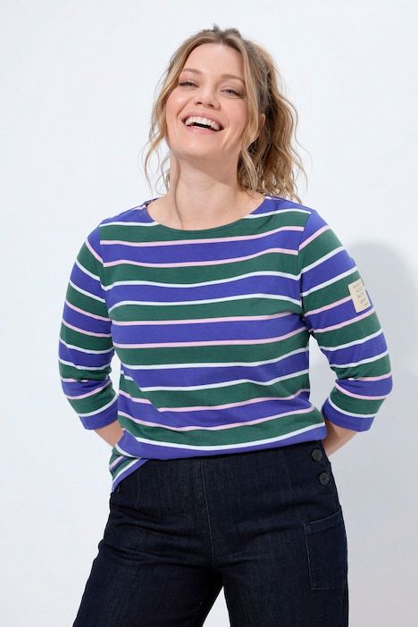 T-shirt rayé en coton bio, encolure bateau, manches 3/4