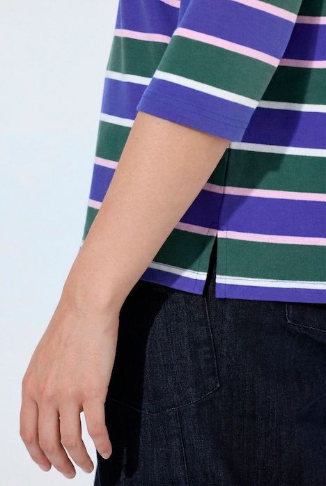 T-shirt rayé en coton bio, encolure bateau, manches 3/4