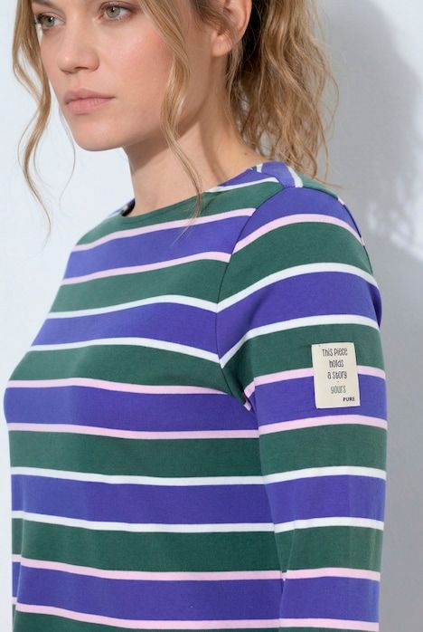 T-shirt rayé en coton bio, encolure bateau, manches 3/4