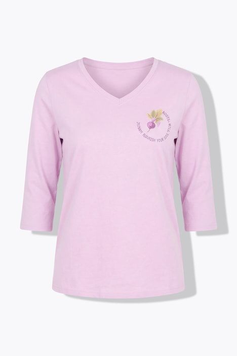 T-shirt en coton bio, motif radis, décolleté en V et manches 3/4