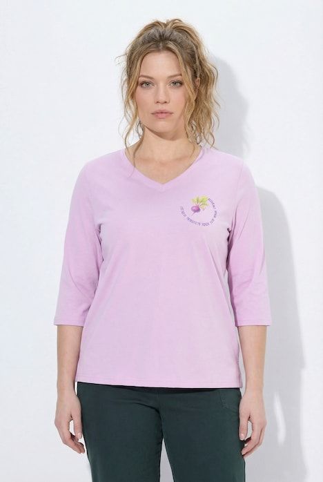 T-shirt en coton bio, motif radis, décolleté en V et manches 3/4