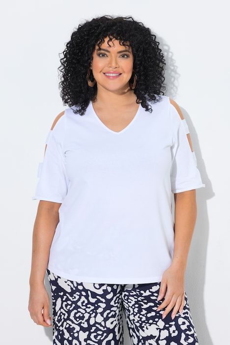 T-shirt décolleté en V et manches courtes, découpes au niveau des épaules