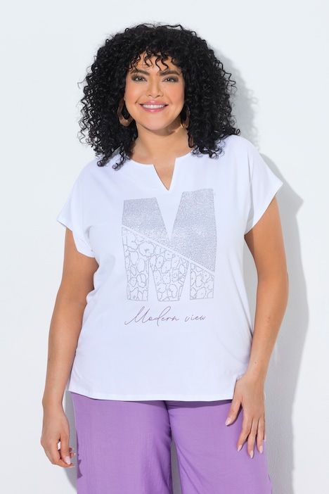 T-shirt oversize, petits strass fantaisie, col tunisien et manches courtes
