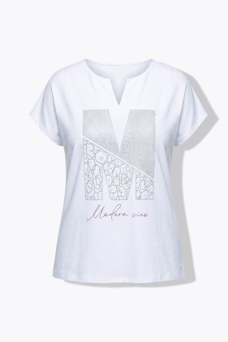 T-shirt oversize, petits strass fantaisie, col tunisien et manches courtes
