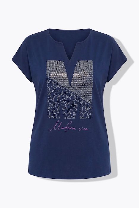 T-shirt oversize, petits strass fantaisie, col tunisien et manches courtes