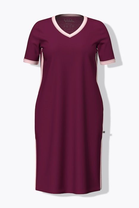 Chemise de nuit à rayures, bordures fantaisie, décolleté en V et manches courtes