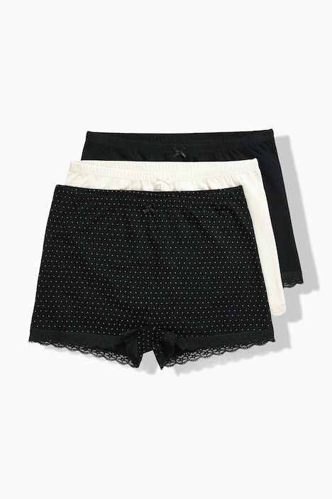Lot de 3 shorties, pois/uni, tour de cuisse peu échancré