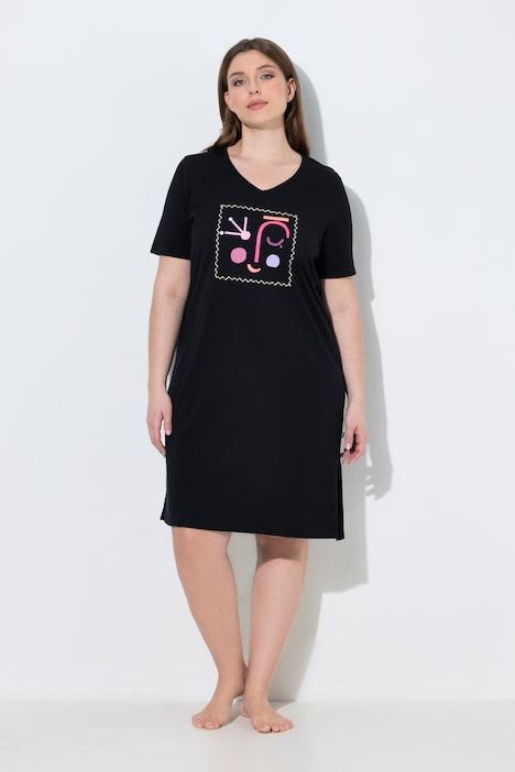 Chemise de nuit / grand T-shirt, motif visage, décolleté en V et manches courtes