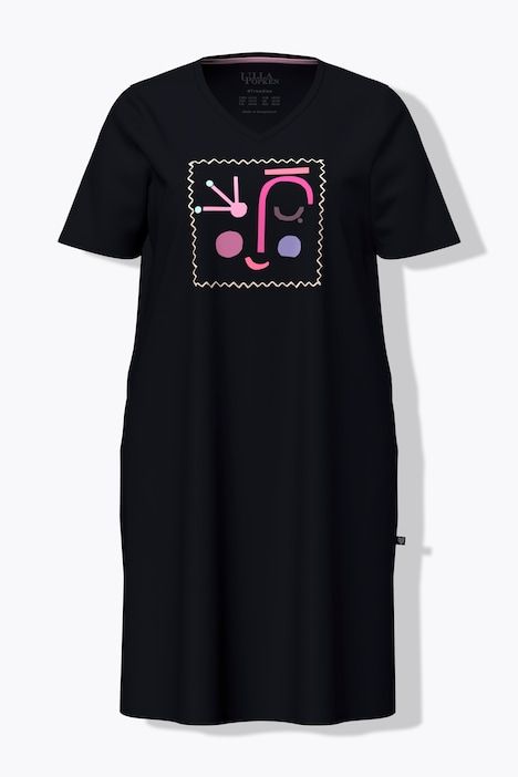 Chemise de nuit / grand T-shirt, motif visage, décolleté en V et manches courtes