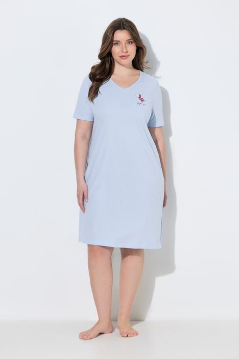 Chemise de nuit / grand T-shirt, motif pigeon avec lettre, décolleté en V et manches courtes