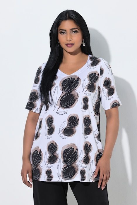 T-shirt au tombé fluide, motif floral, décolleté en forme de cœur et manches courtes