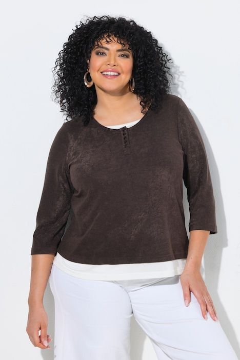 T-shirt effet de superposition, col Henley et manches 3/4