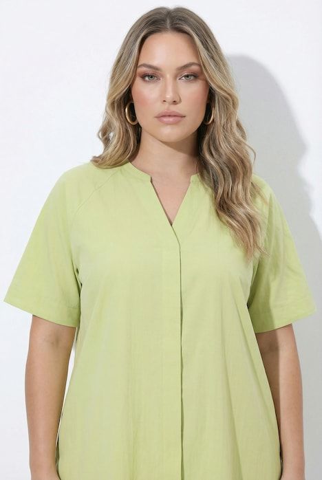 Robe en popeline, col tunisien et manches courtes, coupe évasée