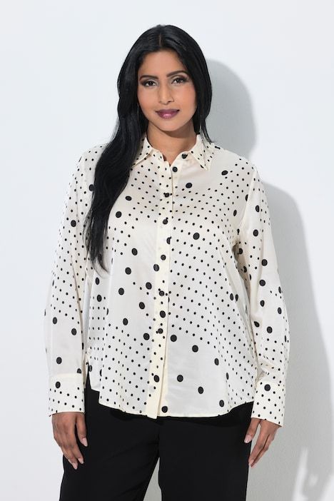 Chemisier en soie mélangée, motif à pois, col chemise et manches longues