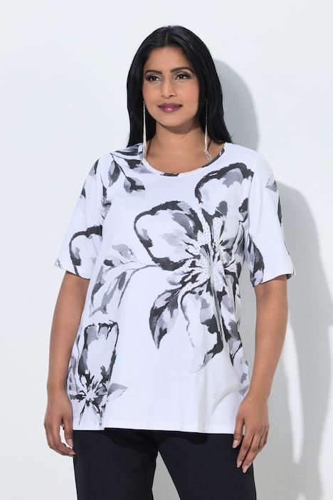 T-shirt en coton Pima, motif floral, décolleté rond et manches courtes, coupe évasée