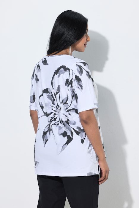 T-shirt en coton Pima, motif floral, décolleté rond et manches courtes, coupe évasée
