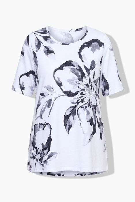 T-shirt en coton Pima, motif floral, décolleté rond et manches courtes, coupe évasée