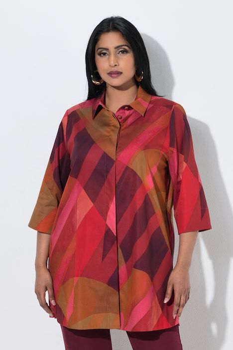 Chemisier long à rayures, coupe évasée, col chemise et manches 3/4