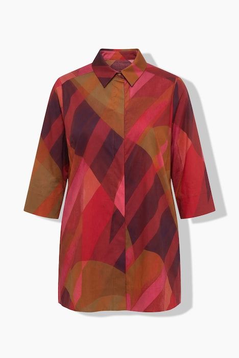 Chemisier long à rayures, coupe évasée, col chemise et manches 3/4