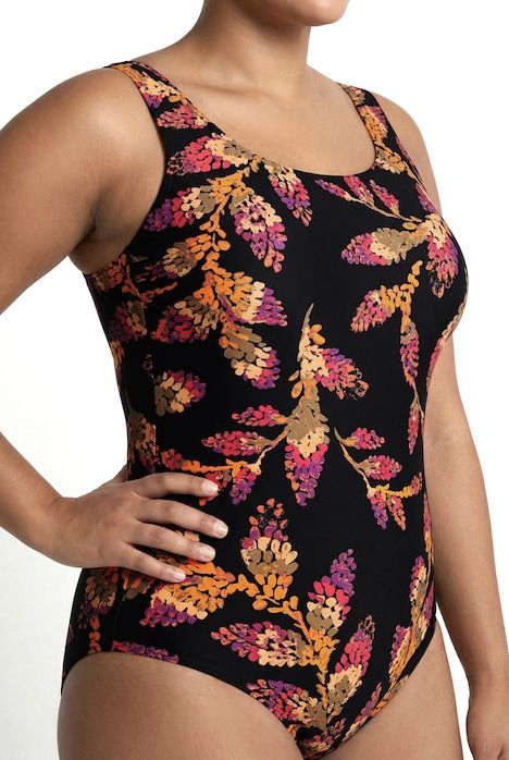 Maillot de bain sans bonnets souples, décolleté rond et motif feuilles
