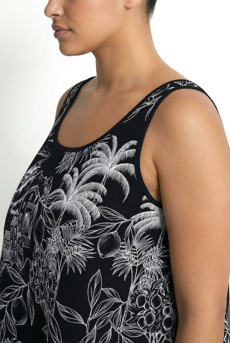 Robe midi sans manches, motif palmiers, coupe évasée et décolleté rond