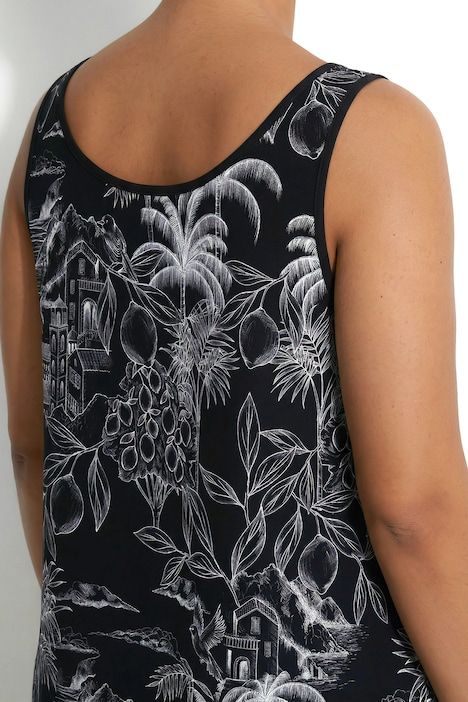 Robe midi sans manches, motif palmiers, coupe évasée et décolleté rond