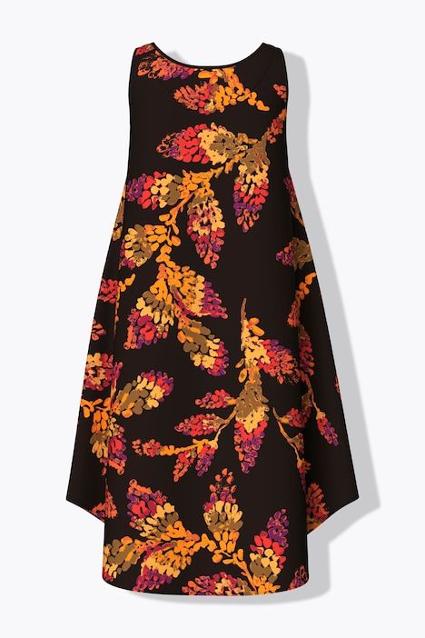 Robe midi sans manches, motif feuilles, décolleté rond et coupe évasée