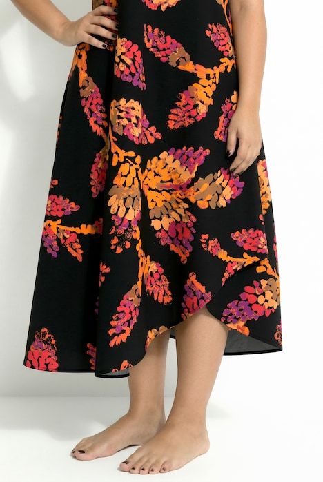 Robe midi sans manches, motif feuilles, décolleté rond et coupe évasée